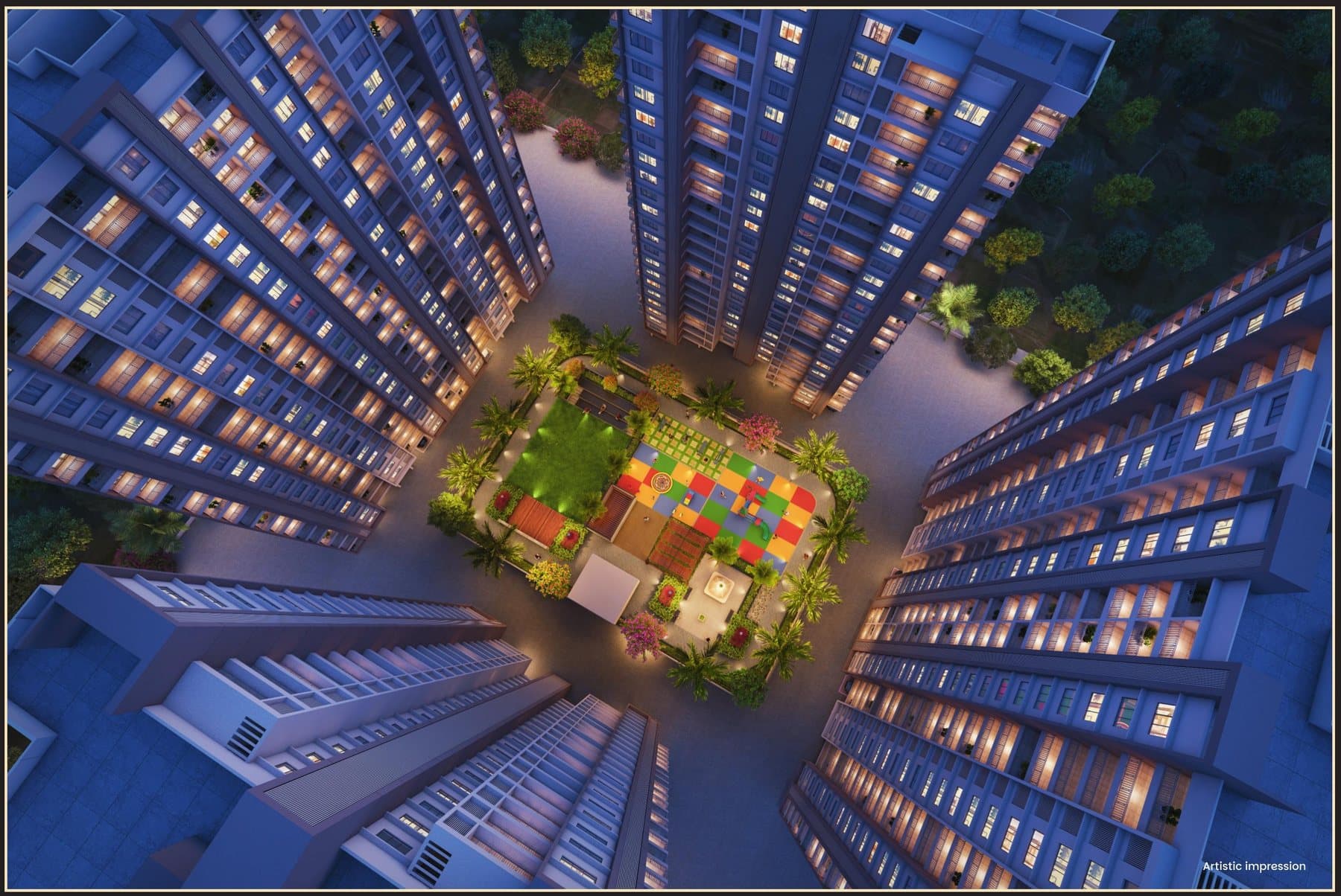 Aerial night view of Legacy Kairos towers around the central landscaped courtyard